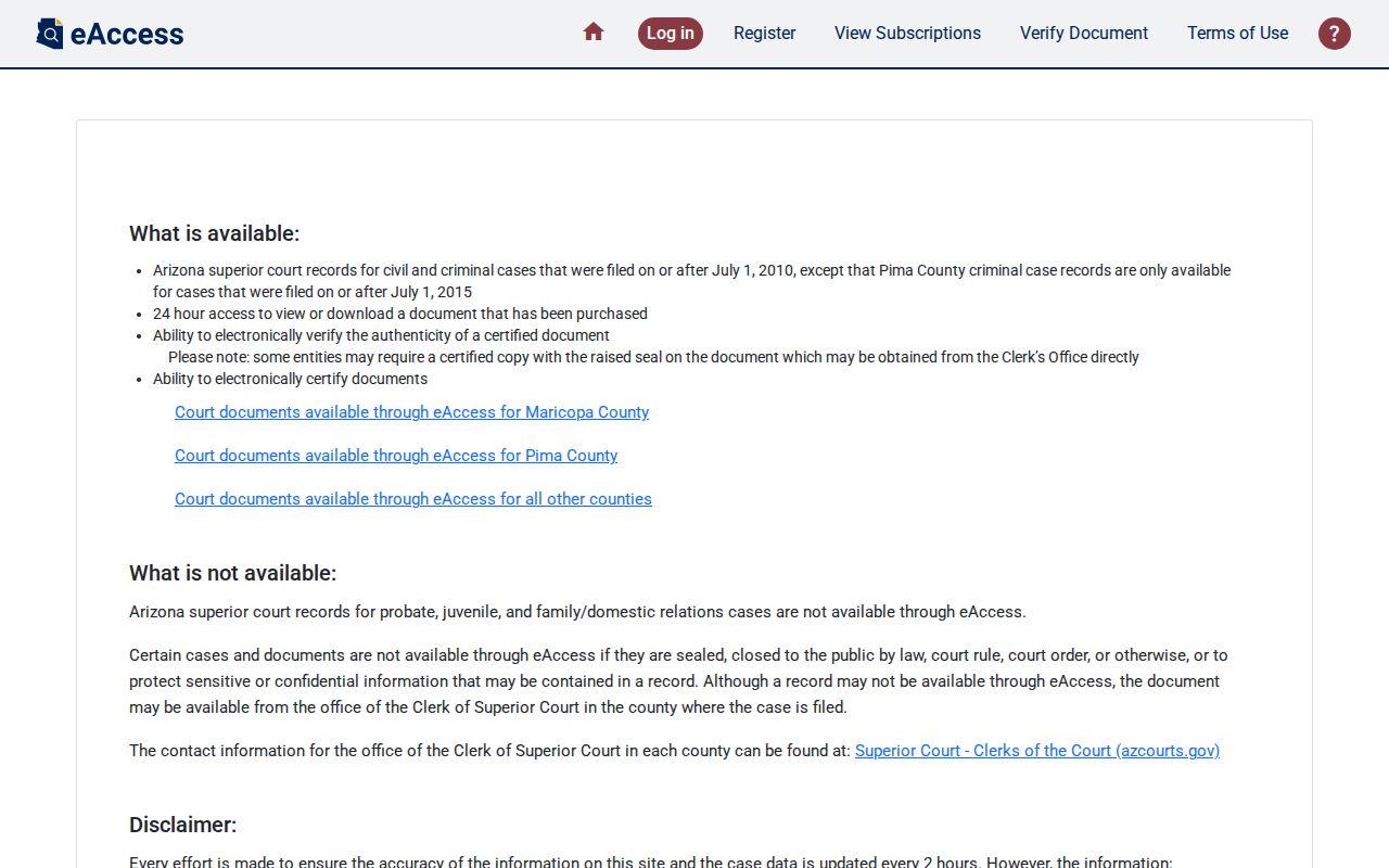 Arizona eAccess portal for Navajo County criminal court case documents
