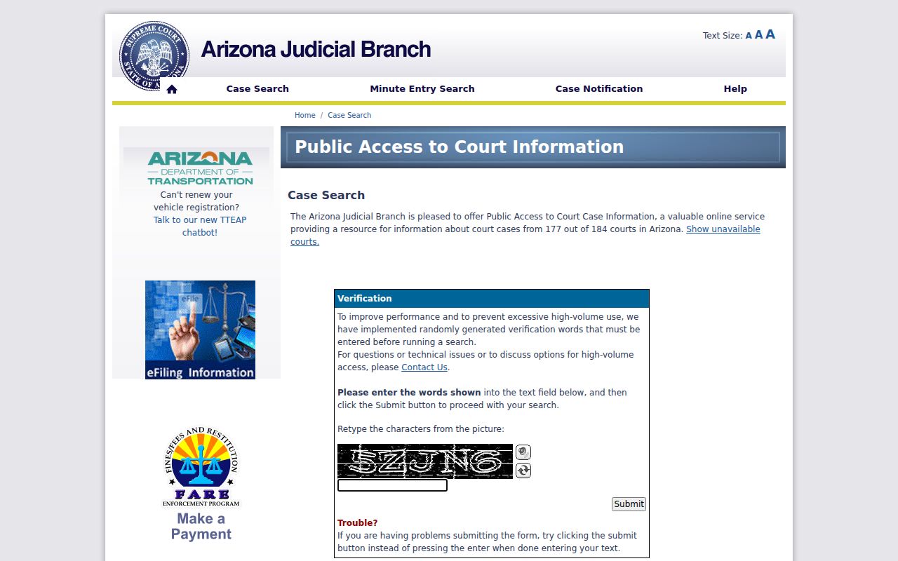 Arizona Public Access search for Navajo County criminal court records