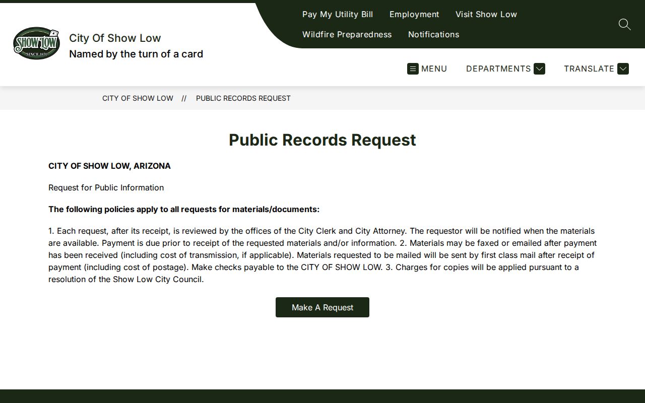 Show Low criminal records access through the city public records request