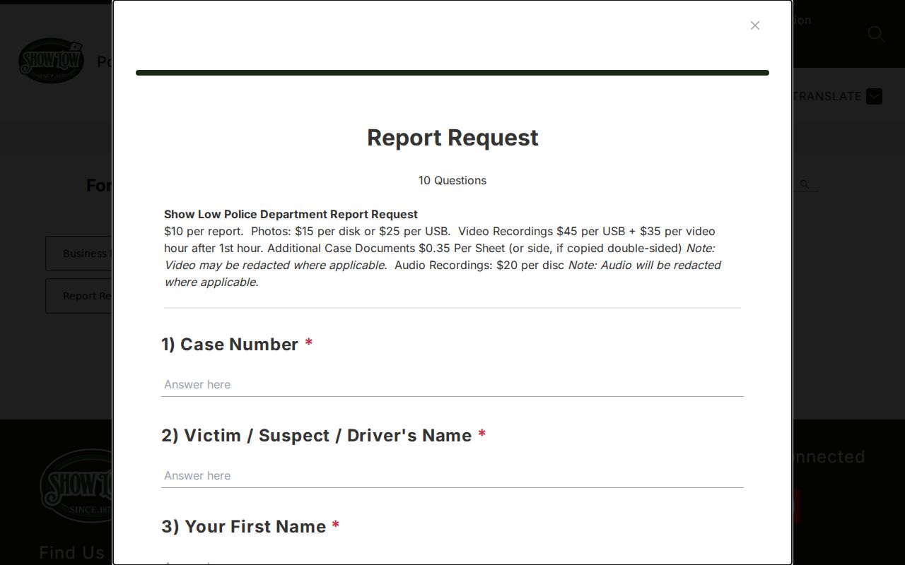 Show Low criminal history report request form and police record fees