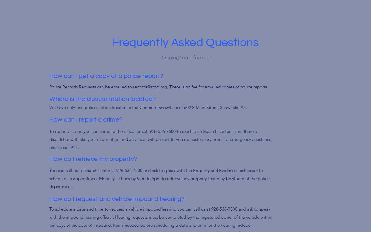 Snowflake Navajo County criminal history police records email FAQ